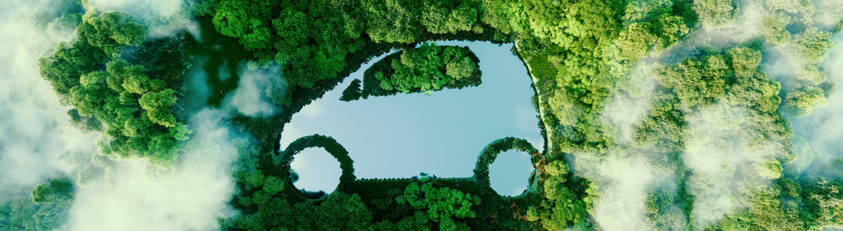 Floresta vista de cima com nuvens e lago desenhado em formato de carro